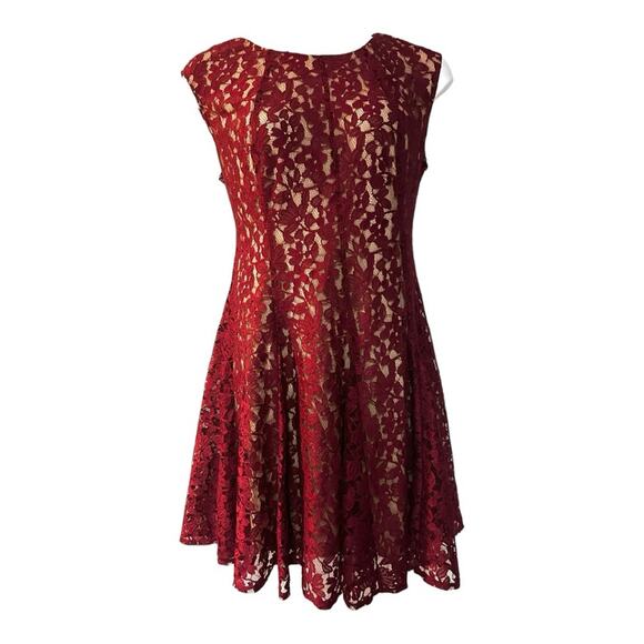 ⭐️Gabby Skye Lace Maroon Fit & Flare Sleeveless Illusion Overlay Party Dress - Picture 2 of 15